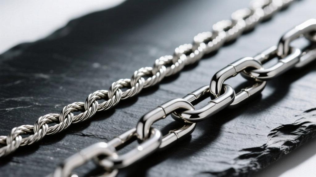 Macro shot of a 1.0mm rope chain and 3.0mm curb chain on dark slate, highlighting link thickness and weave density differences.