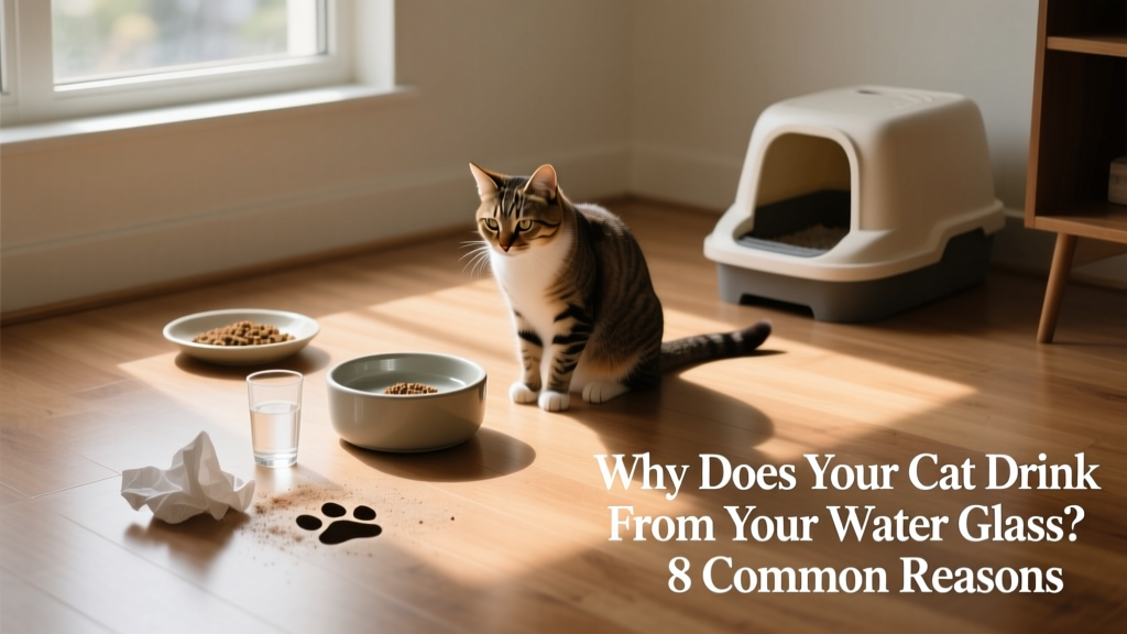 A clean, minimalist cat setup showing water bowl placed far from food dish and litter box, as recommended by FurPetVo