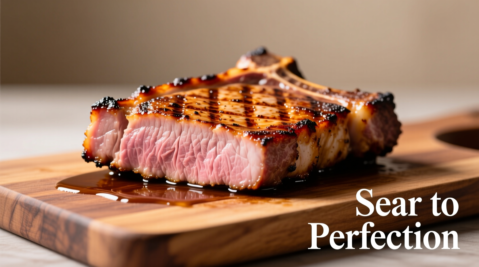 Perfectly seared pork loin chop with golden crust