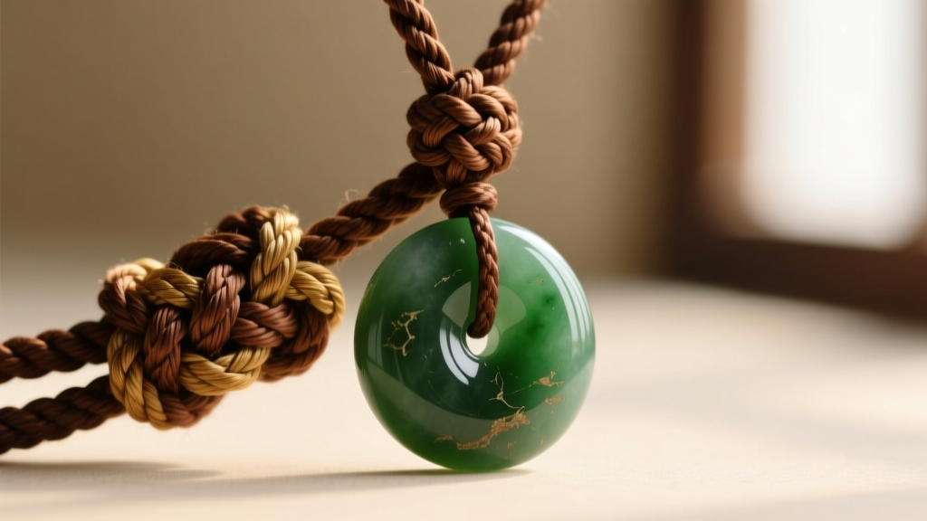 Macro shot of traditional brown silk macrame knot securing a heavy nephrite Buddhist jade necklace pendant to a thick braided cord