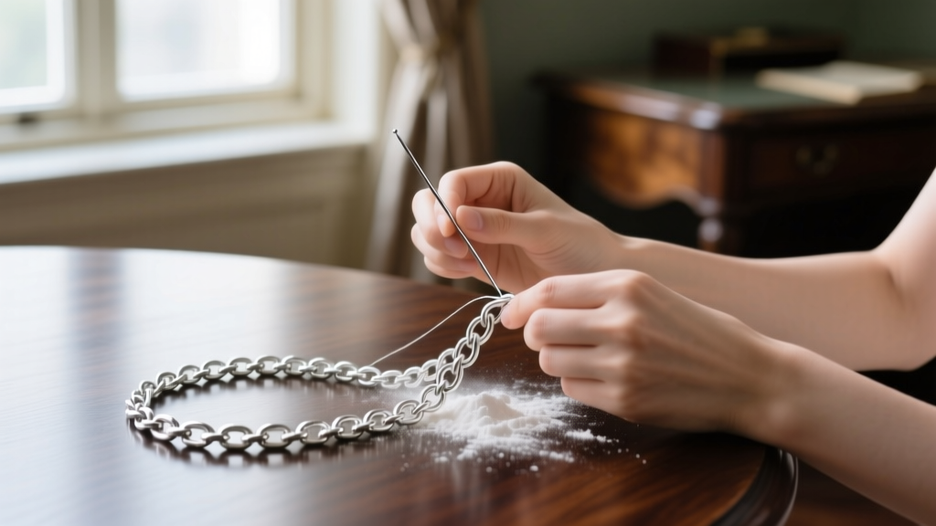 Hands using a fine sewing needle and baby powder to carefully detangle a knotted sterling silver chain on a dark wood table.