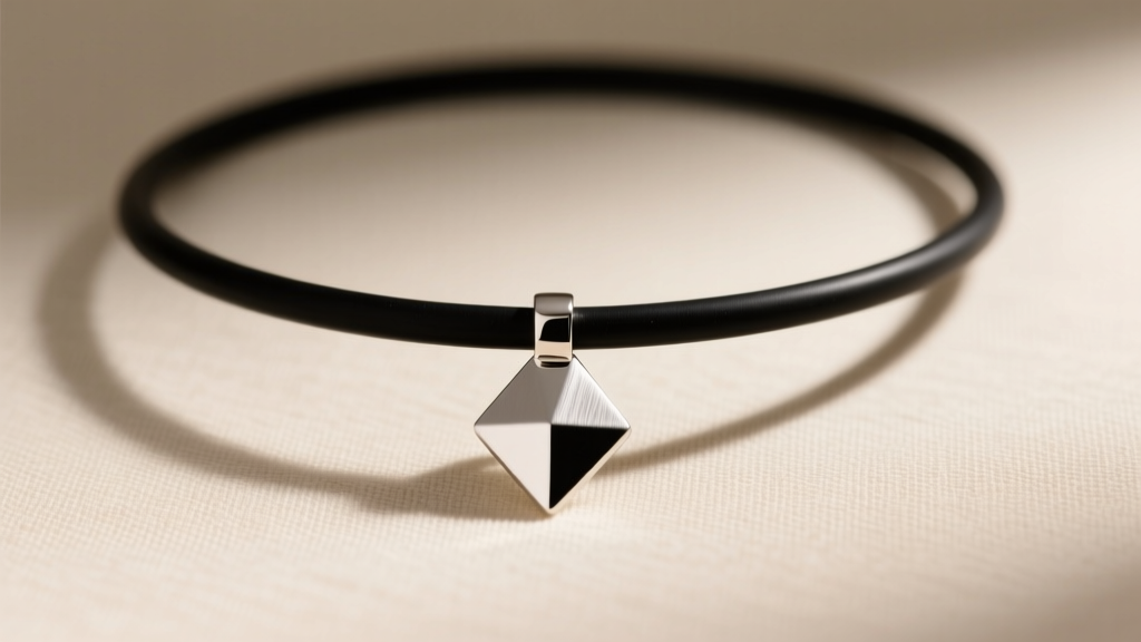 Minimalist 2mm black rubber necklace with a brushed silver geometric pendant, displayed against a neutral beige linen background.