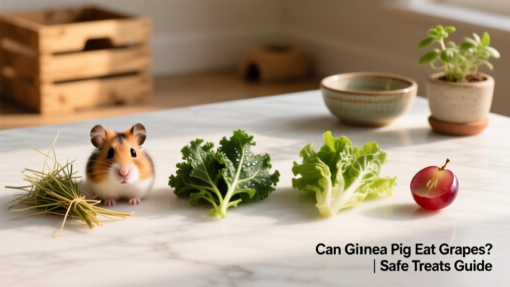 Side-by-side comparison of safe guinea pig foods: timothy hay, leafy greens, and a single halved grape on a clean surface