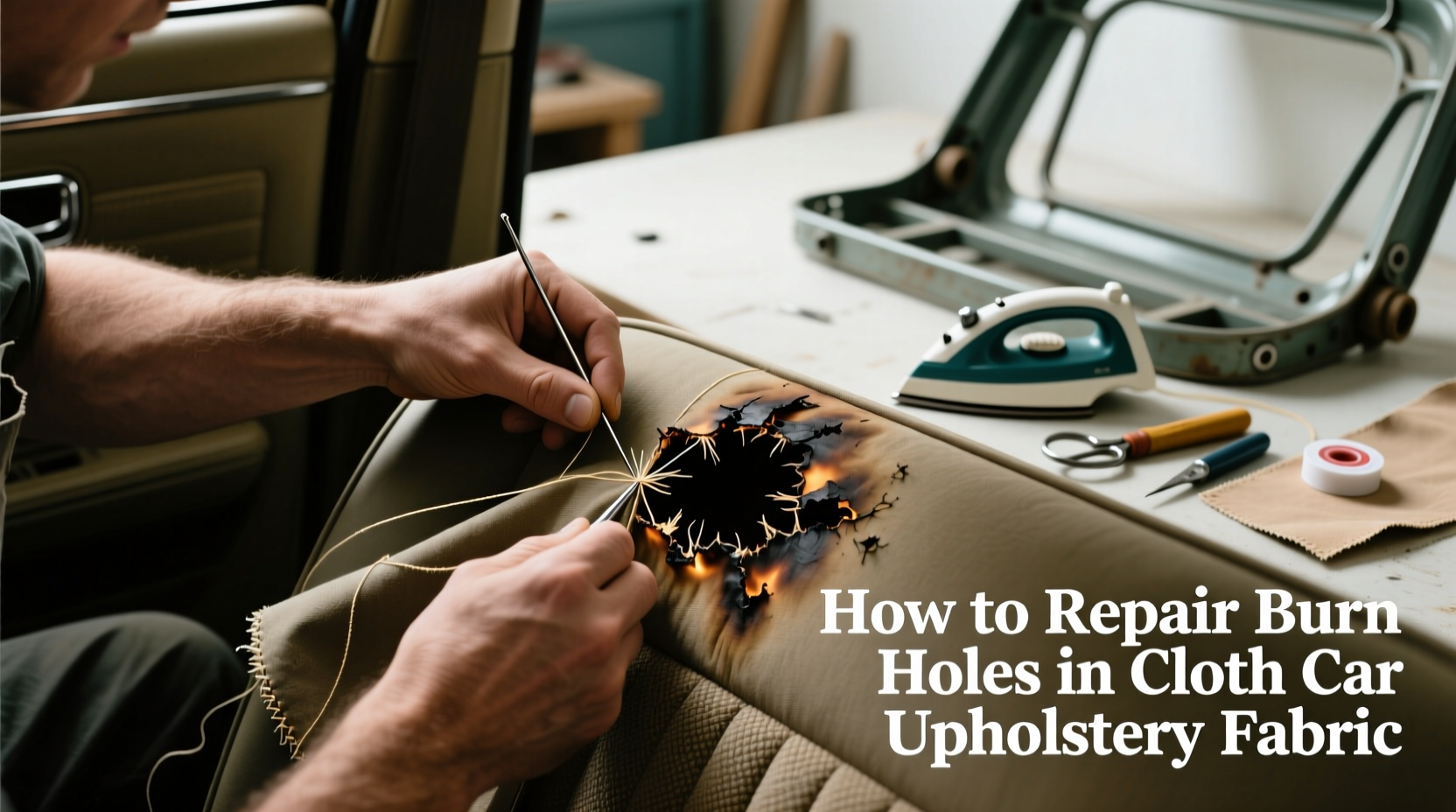 how to fix burn holes in cloth car upholstery fabric