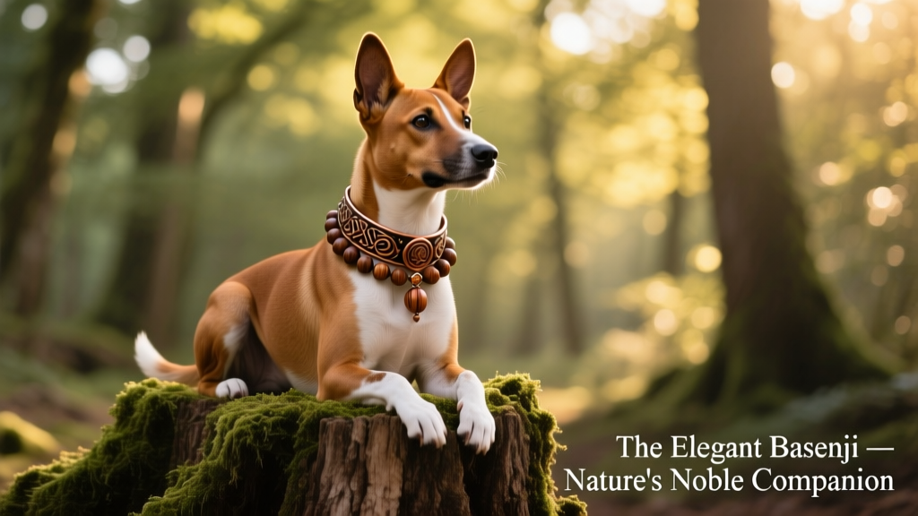basenji wearing a decorative collar sitting on a mossy tree in a forest