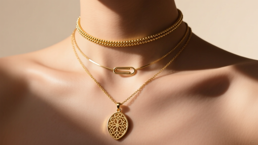 Layered gold necklace stack on a collarbone, showing a delicate choker, a paperclip chain, and a long pendant, warm light