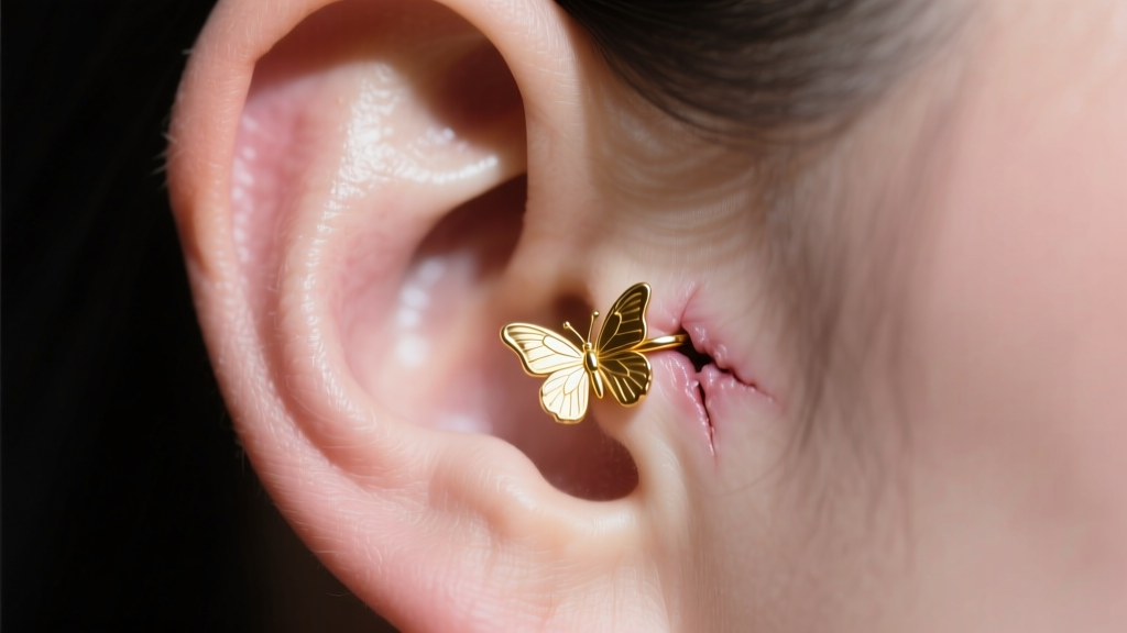 Close-up of a swollen earlobe with a small gold butterfly earring back partially embedded in the skin under bright clinical light.