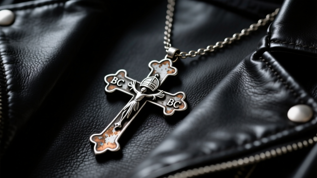 Close-up of a vintage oxidized silver Ghost BC papal cross necklace resting on a black leather jacket, moody studio lighting
