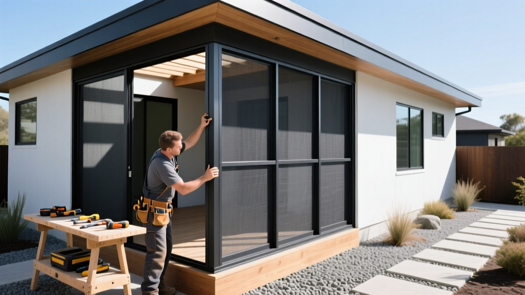 Carpenter installing dark aluminum framing and charcoal fiberglass mesh on a small screened porch attached to a modern home