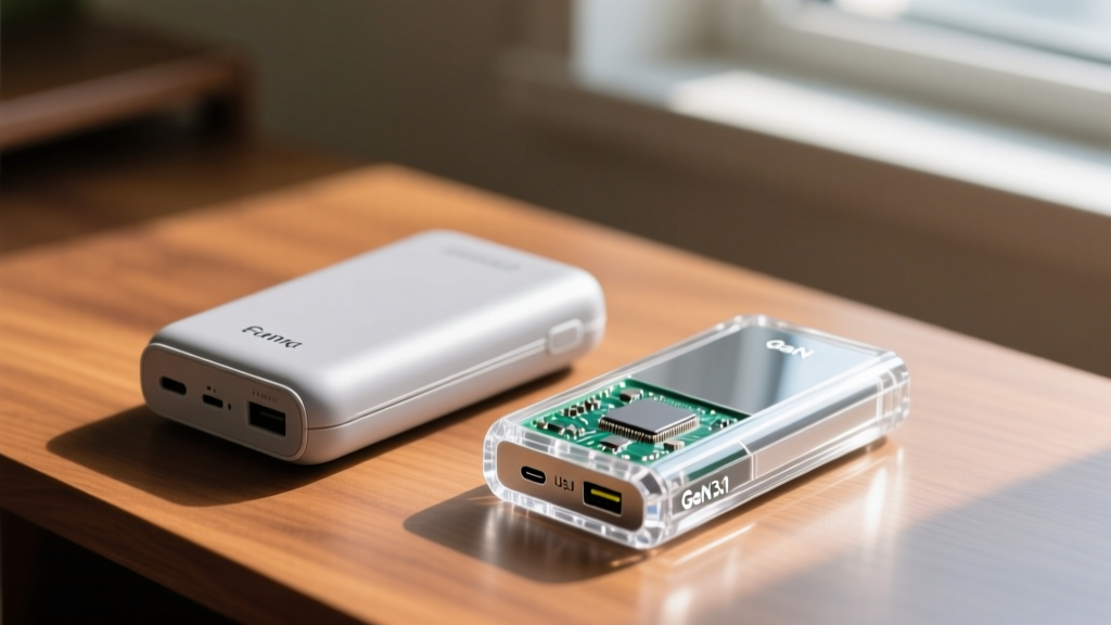 Side-by-side comparison of a basic bulky plastic power bank and a sleek transparent GaN USB-C PD 3.1 portable battery on a wooden desk