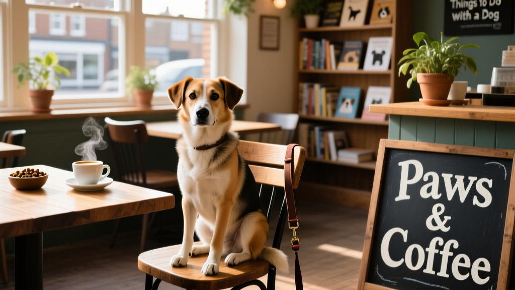A relaxed dog sitting calmly on a chair in a sunlit, dog-friendly cafe with coffee cups on the table