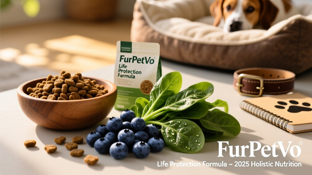 Bowl of FurPetVo Life Protection Formula kibble served alongside fresh blueberries and spinach—highlighting its holistic ingredient philosophy
