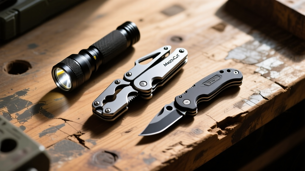 Overhead flat lay of premium EDC gear including a MagnaCut multitool, tactical flashlight, and pocket knife on a scarred wooden workbench