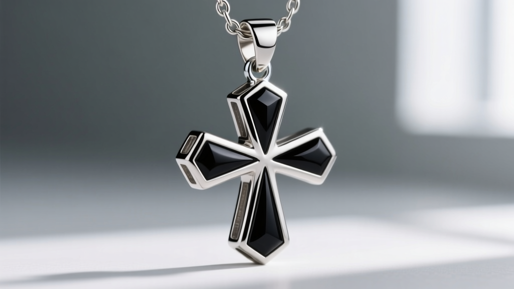 Macro shot of 14-gauge stainless steel 3 cross pendant with black onyx inlays, showcasing the secure lobster clasp and jump ring.