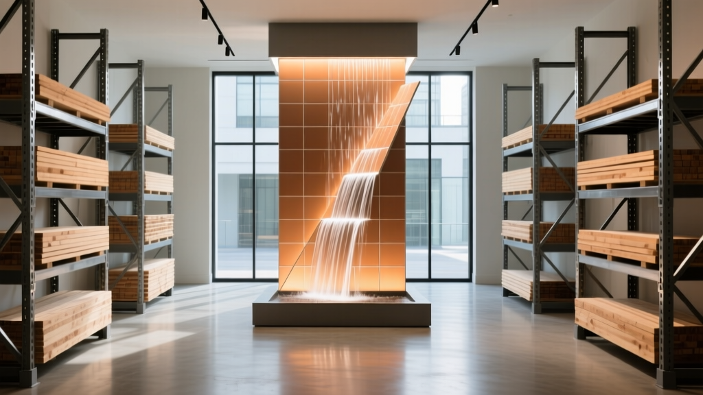 Modern building materials showroom with heavy-duty steel cantilever racking for lumber and illuminated slanted tile waterfall displays