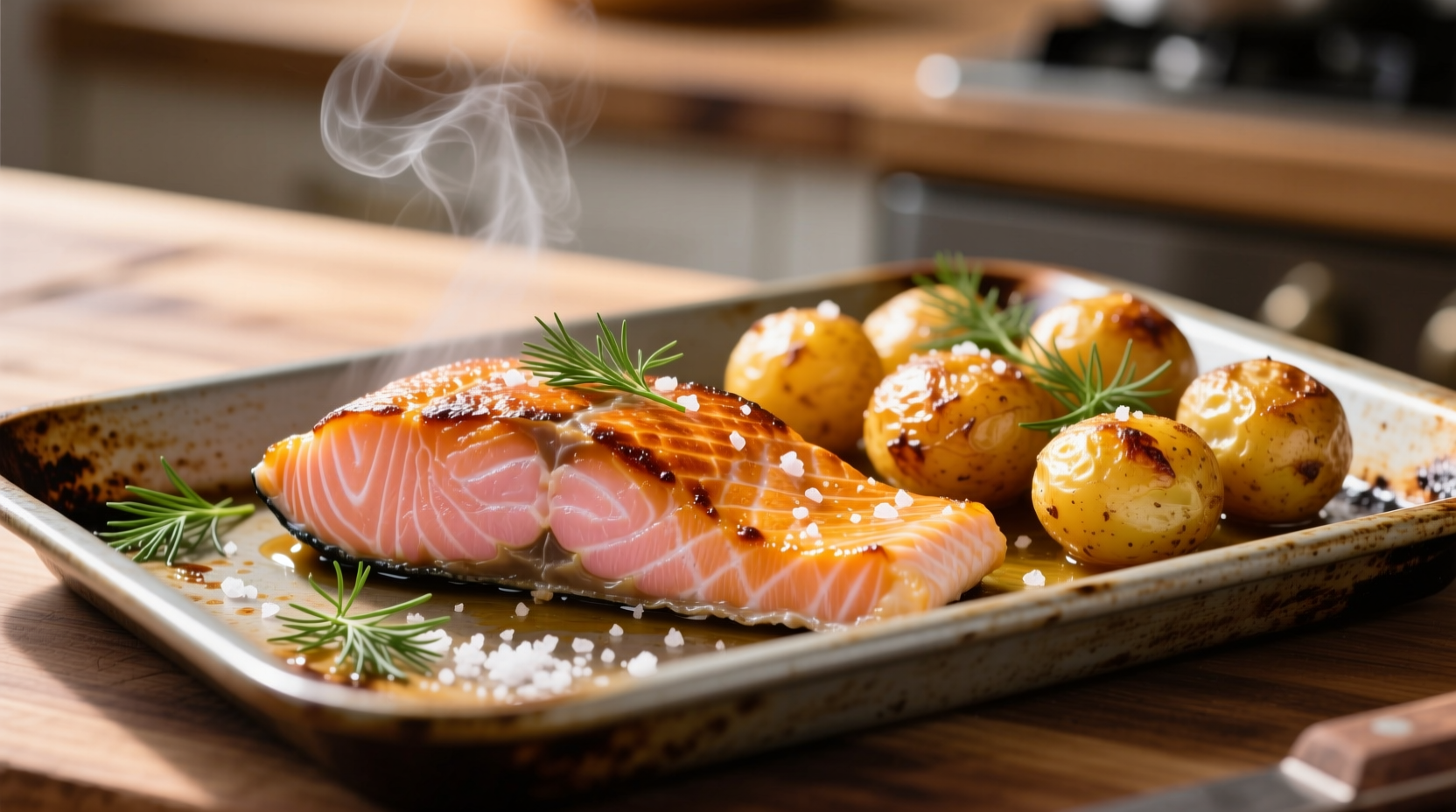 Perfectly roasted salmon and potatoes on baking sheet