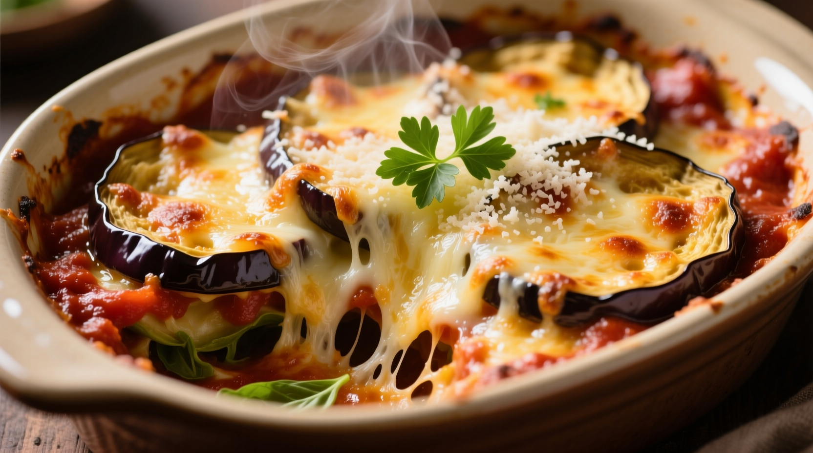 Golden baked eggplant parm with melted cheese