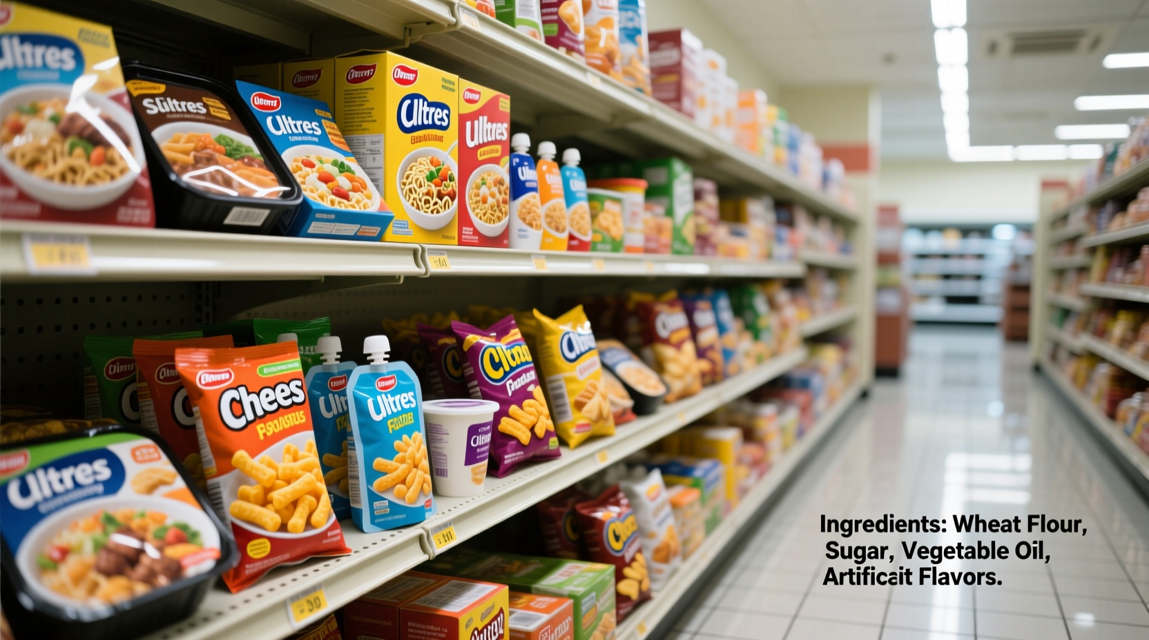 Ultra-processed food examples on grocery store shelves