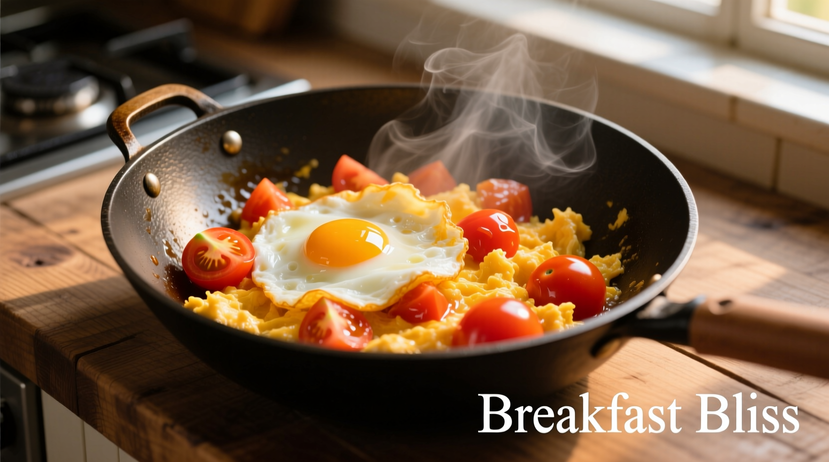 Golden scrambled eggs with ripe tomatoes in wok
