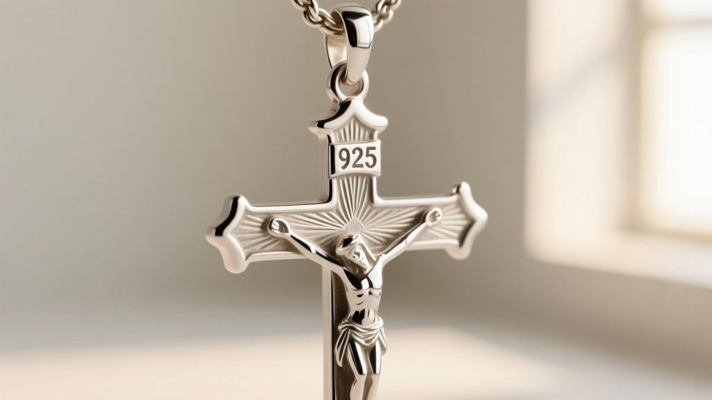 Macro view of a 925 silver hallmark on a crucifix bail, showing deep engraving and bright reflections under a jeweler's loupe.