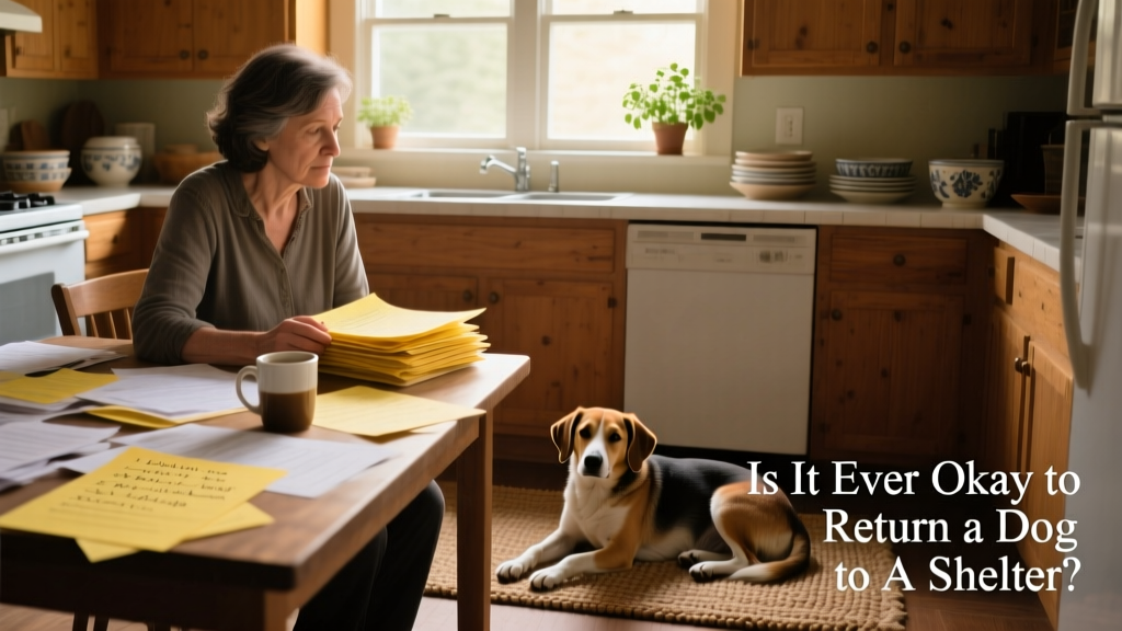 A person reviewing paperwork at a kitchen table while a calm dog rests nearby