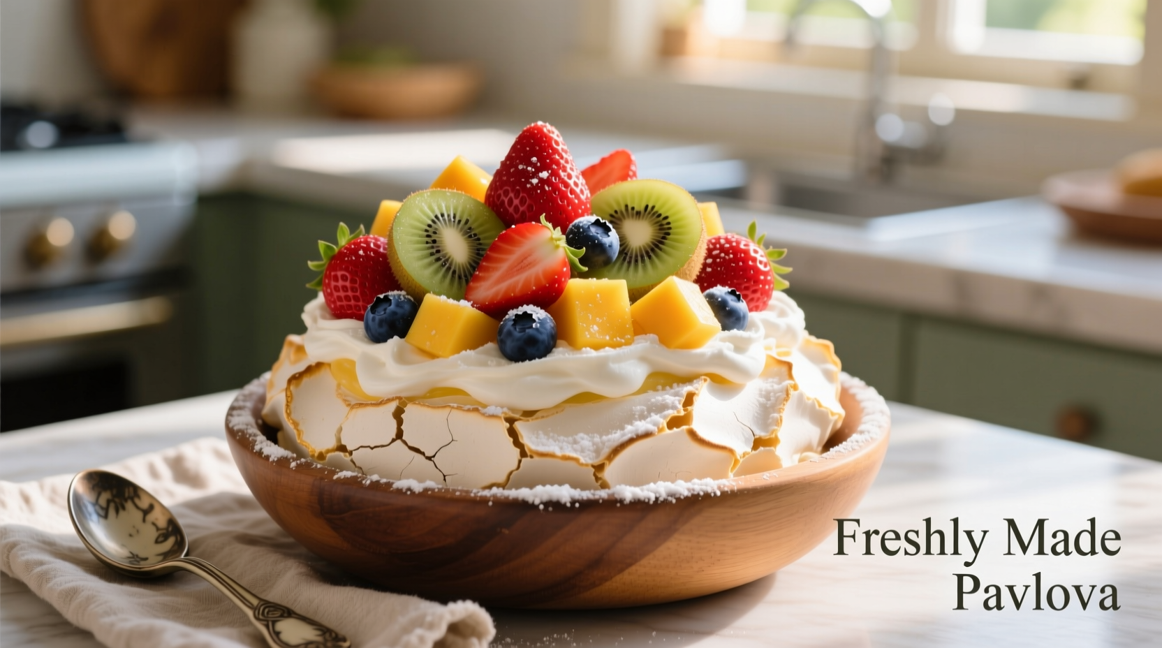 Freshly made pavlova with colorful fruit toppings