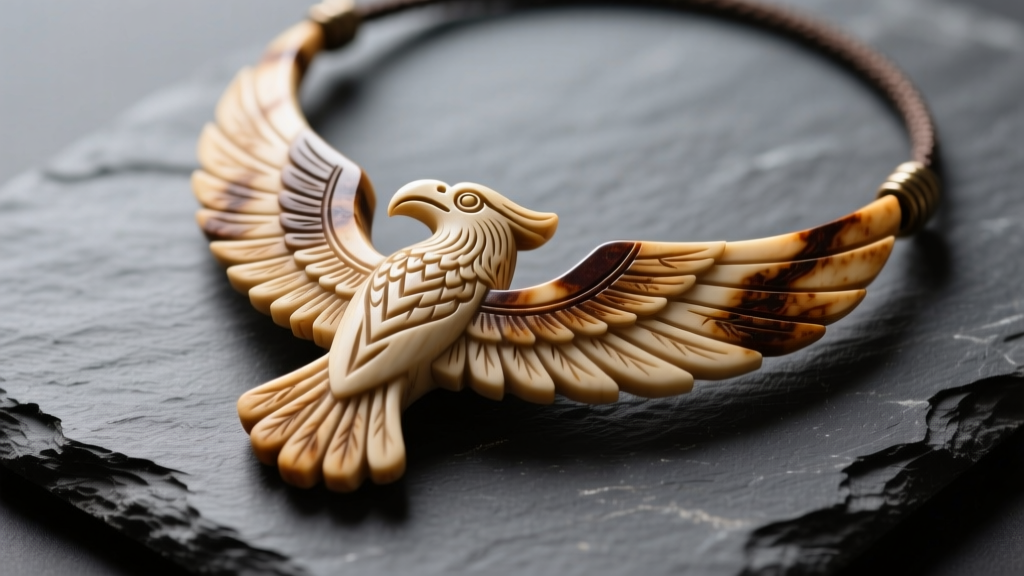 Carved bone thunderbird necklace on dark slate, showcasing organic grain patterns and natural earth-tone color variations
