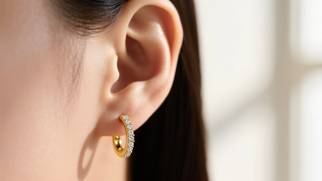 Close-up of an ear wearing delicate 18k yellow gold diamond small hoop earrings, soft natural light highlighting micro-pavé stones.