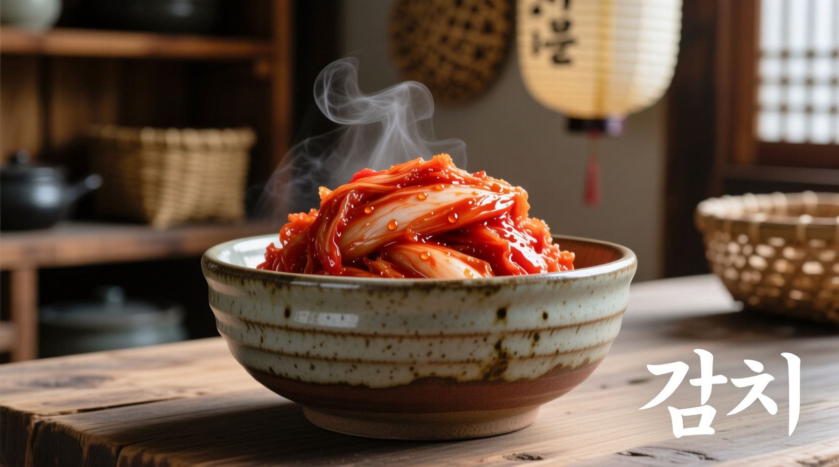 Close-up of vibrant red kimchi in traditional ceramic bowl