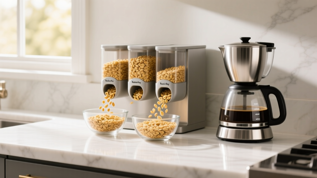 Kitchen counter with Rachael Ray cereal keepers dispensing oats into glass bowls next to a stainless steel coffee maker