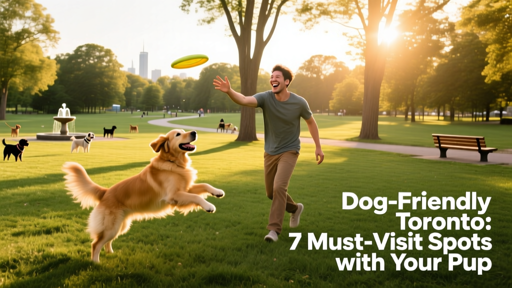 A pet parent and dog enjoying a sunny day at a spacious, grassy dog park in Toronto.