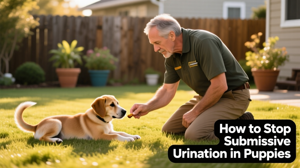 Trainer calmly kneeling beside a relaxed puppy, offering a treat without direct eye contact