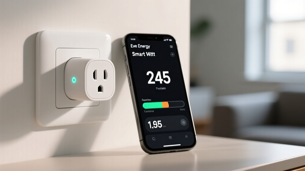 Close-up of an Eve Energy smart plug inserted into a white wall outlet, displaying real-time wattage data on a paired smartphone screen