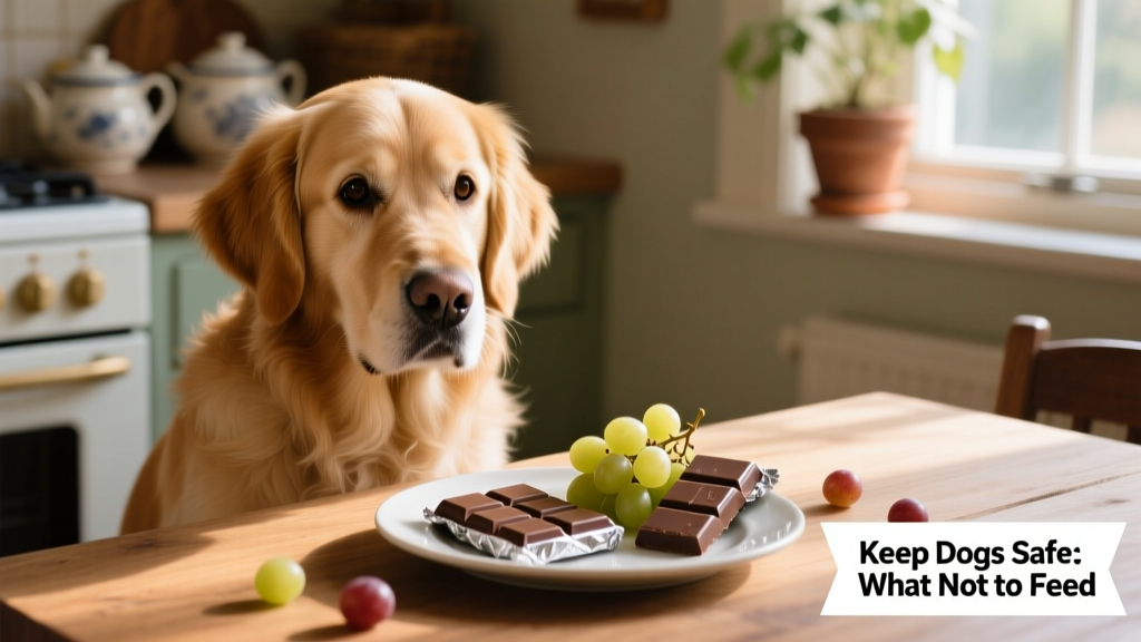 A dog sitting near a plate with chocolate bars and grapes—highlighting dangerous foods