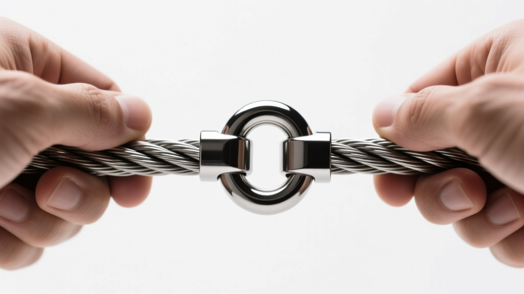 Hands holding a heavy-duty 12mm neodymium magnetic clasp attached to thick 49-strand steel beading wire, showing secure hardware