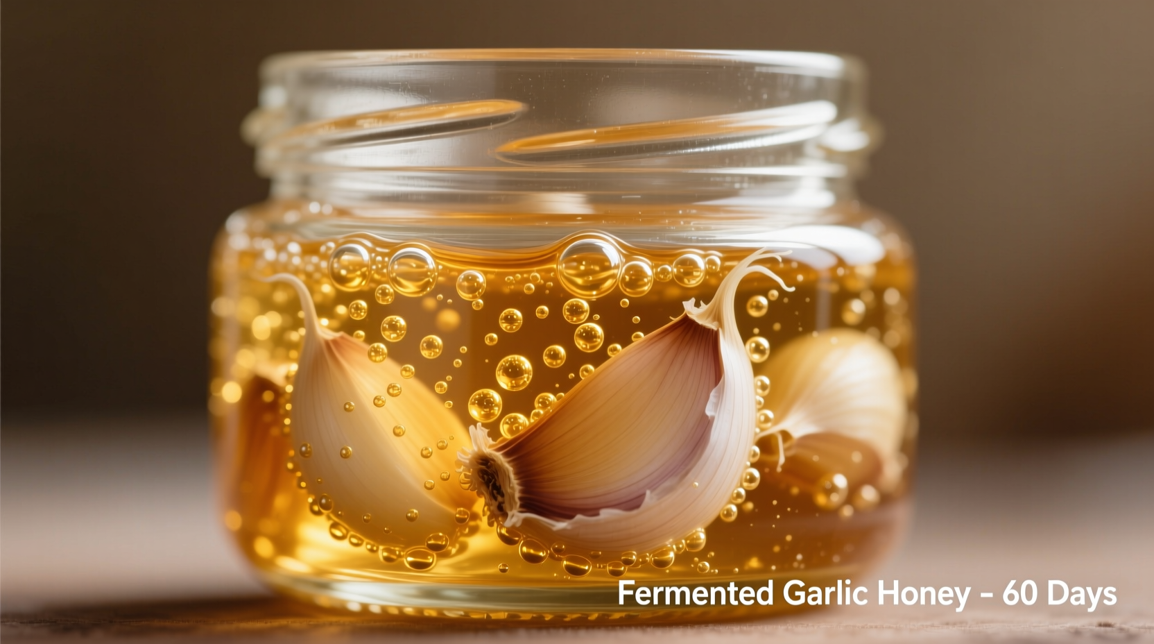 Glass jar with fermented garlic honey showing bubbling process