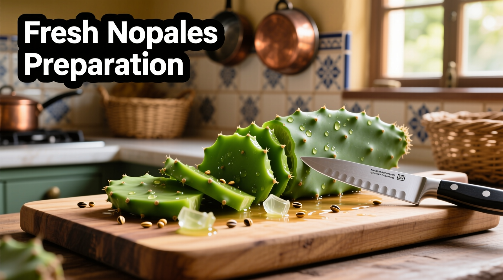 Fresh nopales being prepared on cutting board