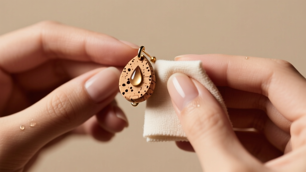 Close-up of hands wiping a teardrop cork earring with a damp microfiber cloth, highlighting the porous texture of the material