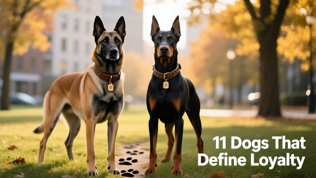 A Belgian Malinois and a Doberman Pinscher side by side, both focused and alert, illustrating their shared athleticism and working-dog presence