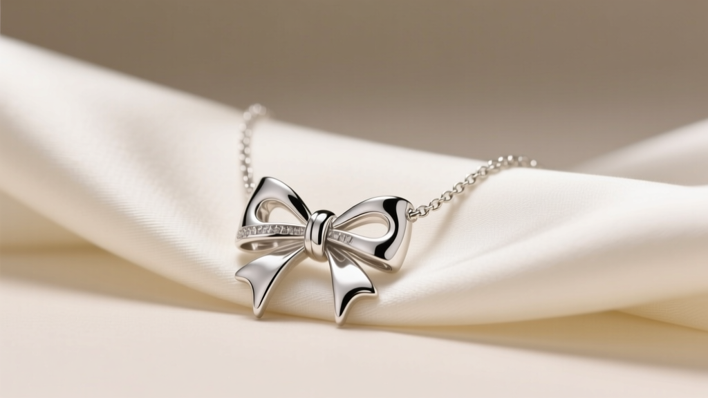 Close-up of a delicate 925 sterling silver bow necklace on silk, soft studio lighting highlighting the polished metal finish