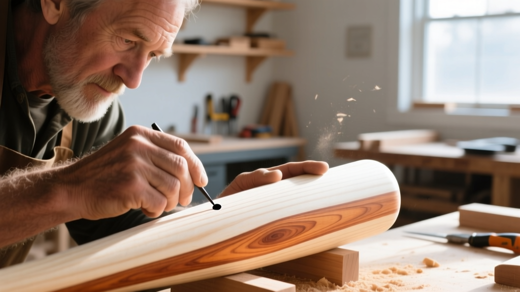 Close-up of a woodworker inspecting the grain slope and ink dot on a raw sugar maple baseball bat billet in a sunlit workshop