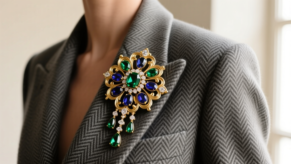 Styling shot of a large Florenza baroque brooch pinned to a charcoal grey herringbone tweed blazer lapel in soft natural light.