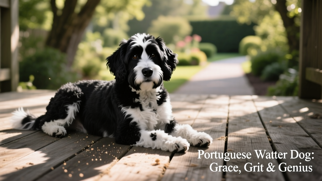 Black and white Portuguese Water Dog laying in front of deck