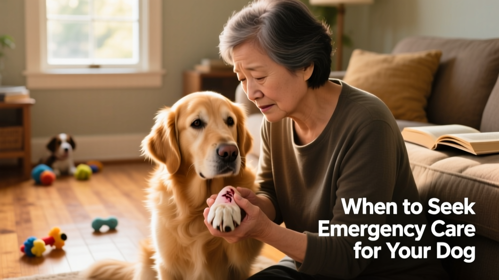 A calm but concerned dog owner gently holding their dog's paw while checking for injury