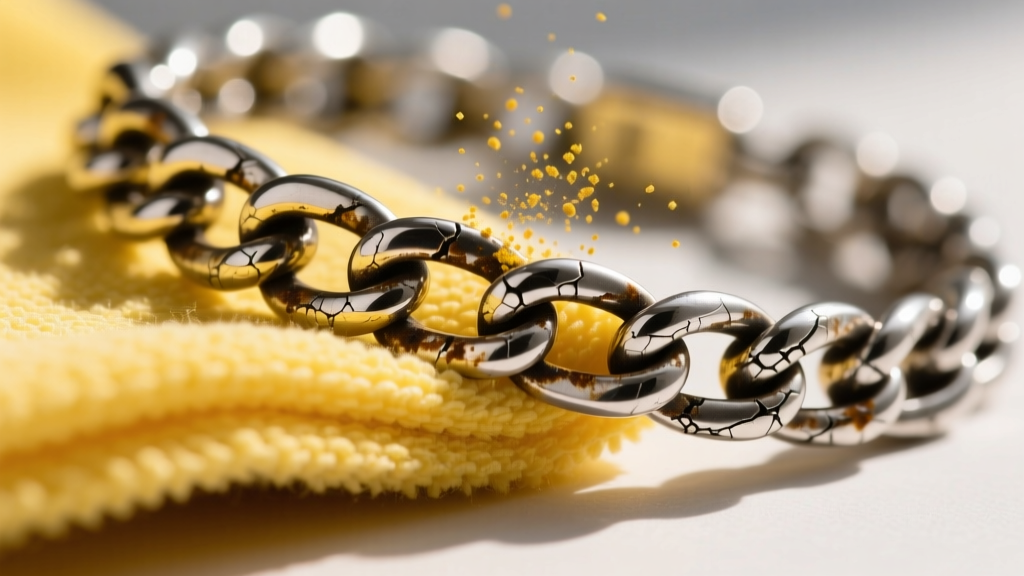 Close-up macro shot of a yellow treated polishing cloth gently rubbing a heavily oxidized sterling silver chain link bracelet.