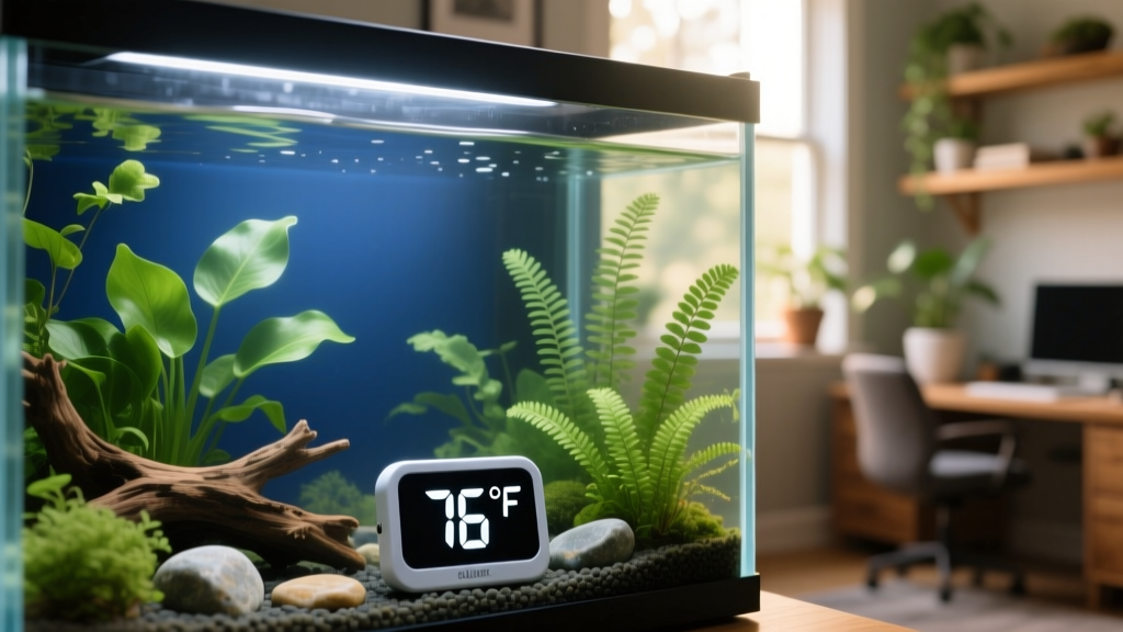 Close-up of a digital aquarium thermometer displaying 76°F next to a calm, well-planted freshwater tank