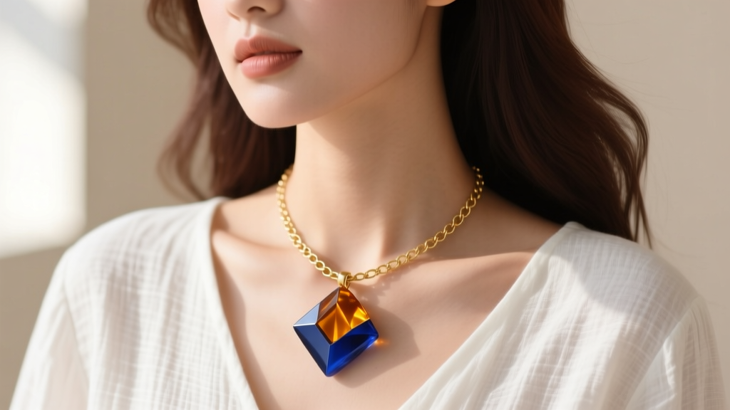 Close-up of a young woman layering a chunky resin pendant necklace with a delicate gold-plated brass chain over a white linen top.
