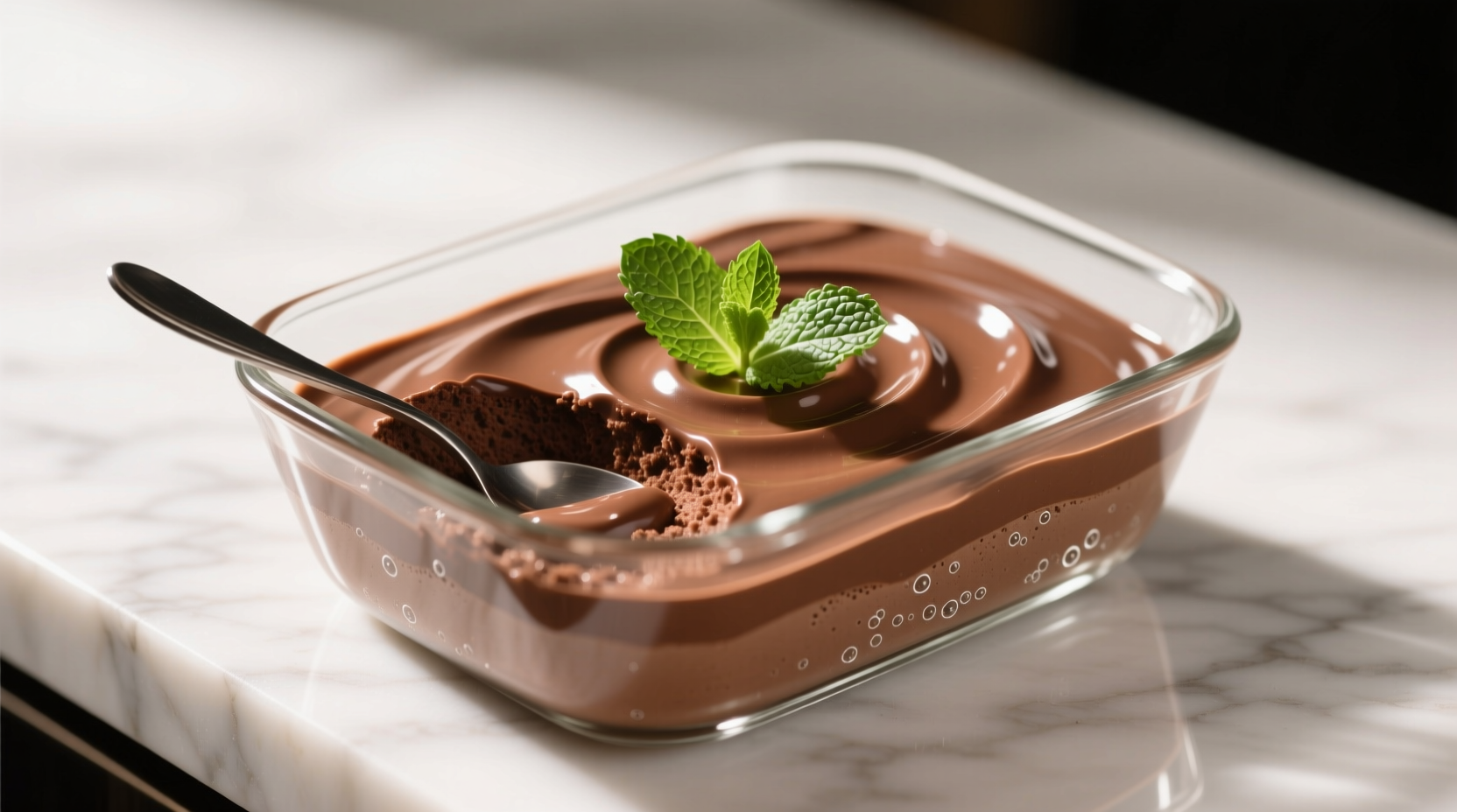 Silky chocolate mousse in glass serving dish