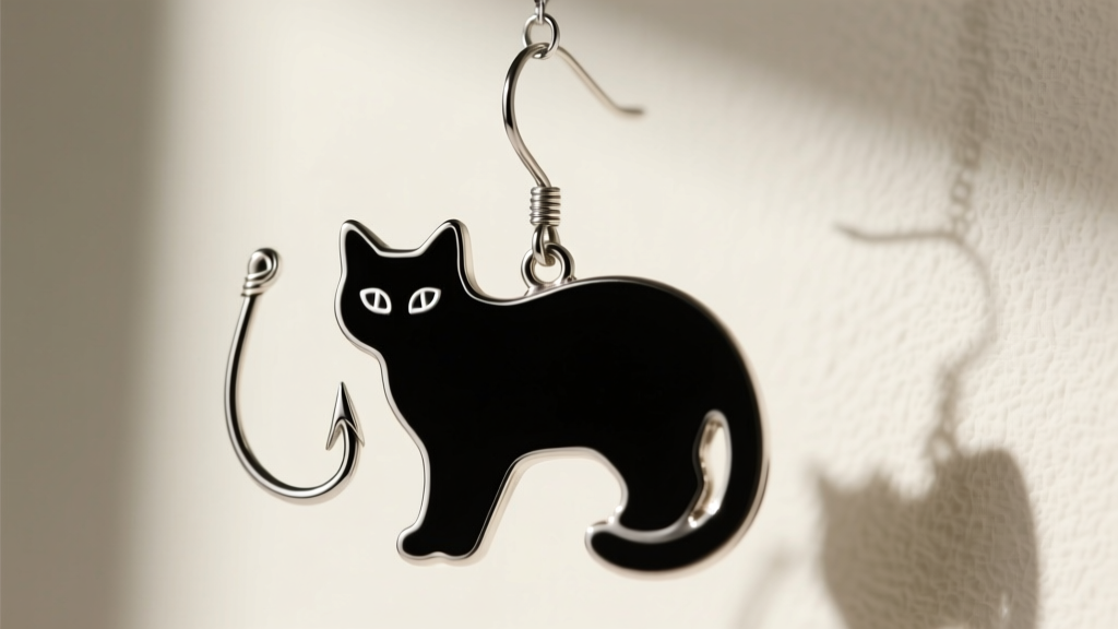 Macro shot of a 20-gauge surgical steel fishhook wire attached to a matte black enamel cat silhouette dangle earring