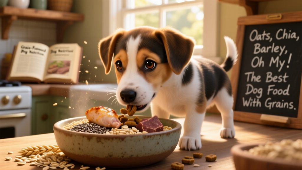 A playful puppy eating from a shallow bowl filled with kibble containing visible grains and meat pieces